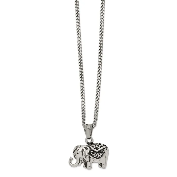 TreasureFineJewelers Necklaces Chisel Stainless Steel Antiqued and Polished Elephant Pendant on a 20 inch Curb Chain Necklace TreasureFineJewelers Necklaces Chisel Stainless Steel Antiqued and Polished Elephant Pendant on a 20 inch Curb Chain Necklace