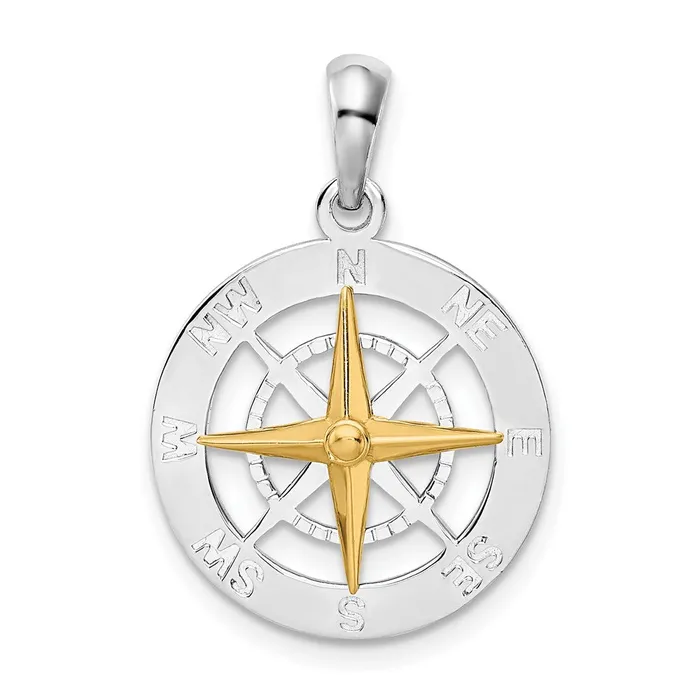 TreasureFineJewelers Necklaces Sterling Silver Polished Small Compass w14k Needle Pendant TreasureFineJewelers Necklaces Sterling Silver Polished Small Compass w14k Needle Pendant