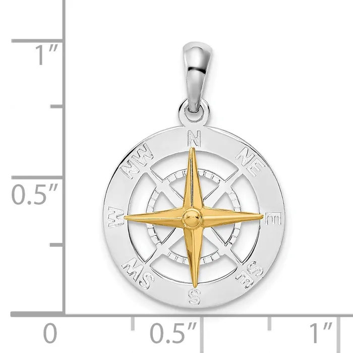 TreasureFineJewelers Necklaces Sterling Silver Polished Small Compass w14k Needle Pendant