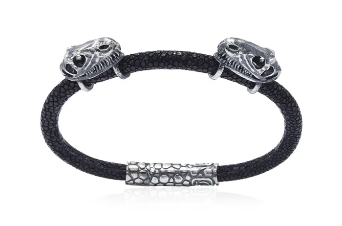 Bracelets Albert Hern Bracelet LivingSkull Men Stingray Leather Two TRex Skulls