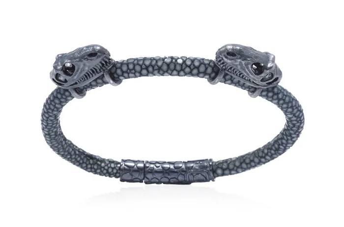Bracelets Albert Hern Bracelet LivingSkull Men Stingray Leather Two TRex Skulls