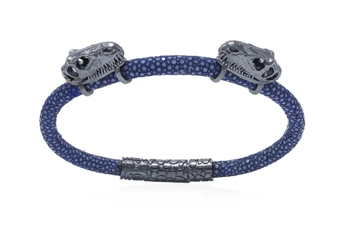 Bracelets Albert Hern Bracelet LivingSkull Men Stingray Leather Two TRex Skulls