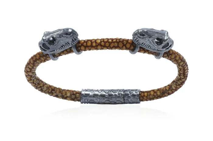 Bracelets Albert Hern Bracelet LivingSkull Men Stingray Leather Two TRex Skulls