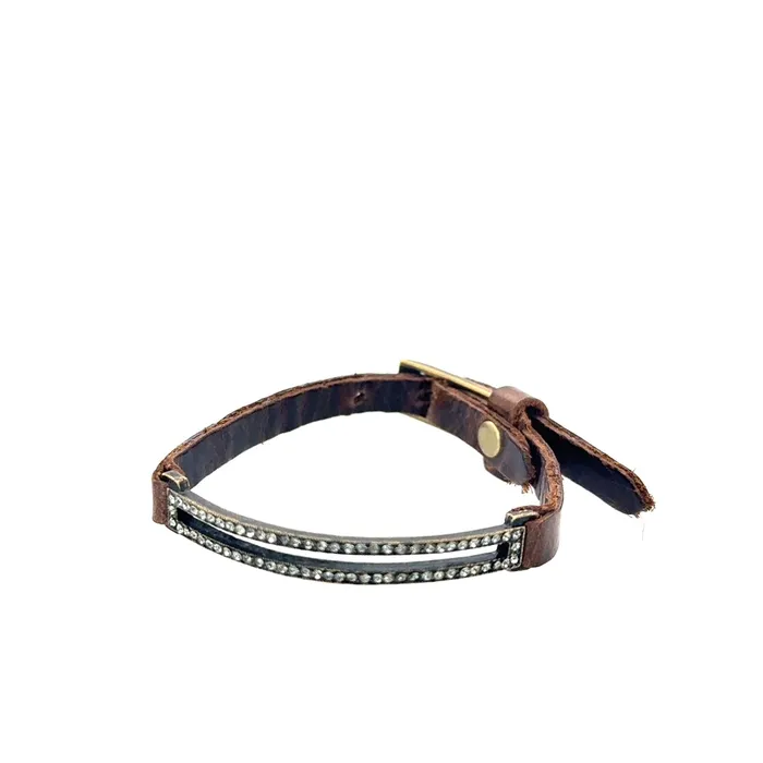 Bracelets Rebel Designs Inc Skinny Pave Rectangle Leather Bracelet