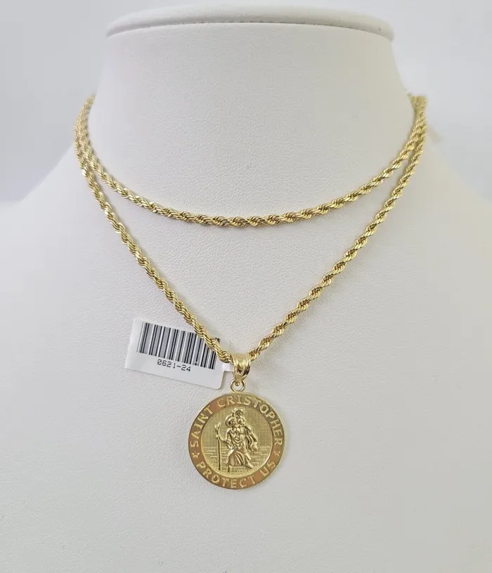 10k 25mm Rope Chain Saint Christopher Pendant 1830 Gold Set Charm Necklace Gold and Diamond Necklaces 10k 25mm Rope Chain Saint Christopher Pendant 1830 Gold Set Charm Necklace Gold and Diamond Necklaces
