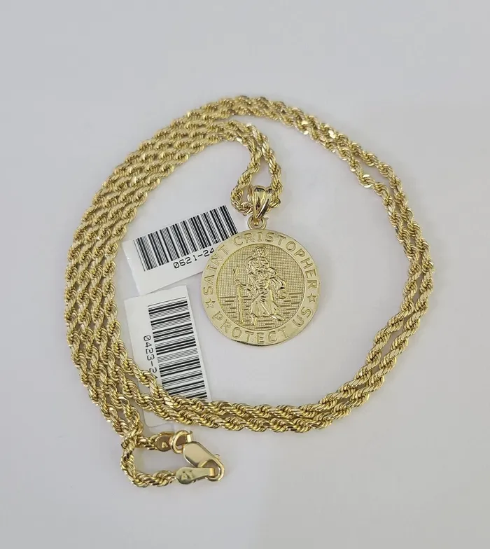 10k 25mm Rope Chain Saint Christopher Pendant 1830 Gold Set Charm Necklace Gold and Diamond Necklaces