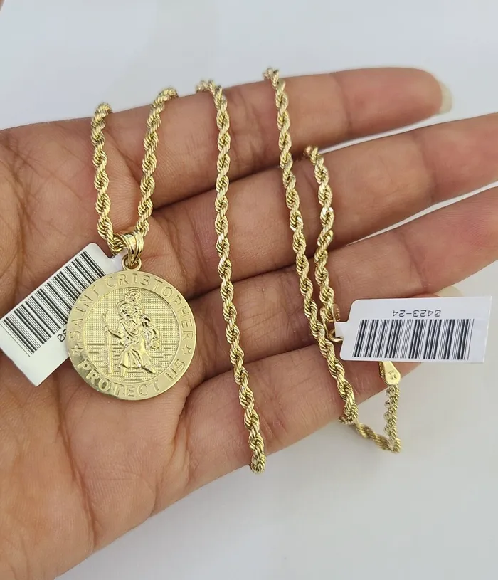 10k 25mm Rope Chain Saint Christopher Pendant 1830 Gold Set Charm Necklace Gold and Diamond Necklaces
