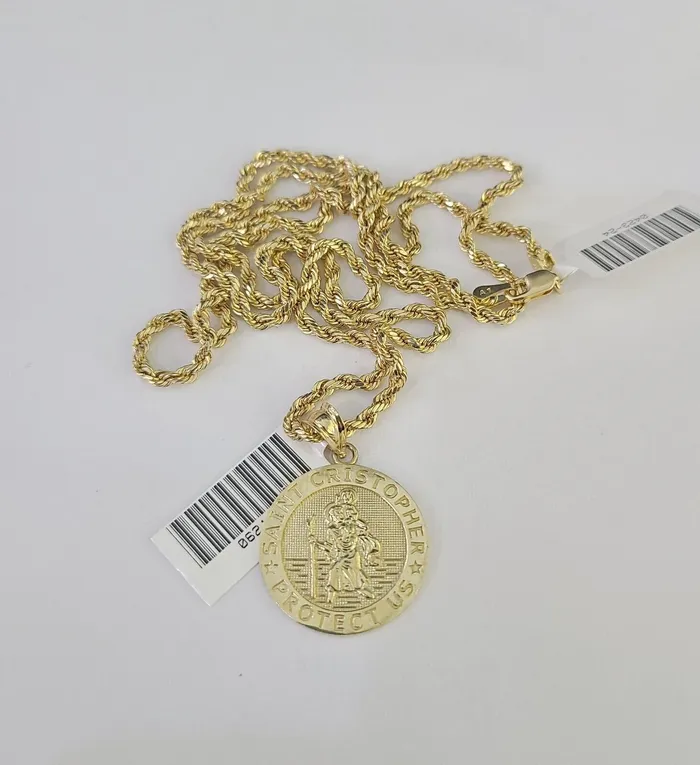 10k 25mm Rope Chain Saint Christopher Pendant 1830 Gold Set Charm Necklace Gold and Diamond Necklaces