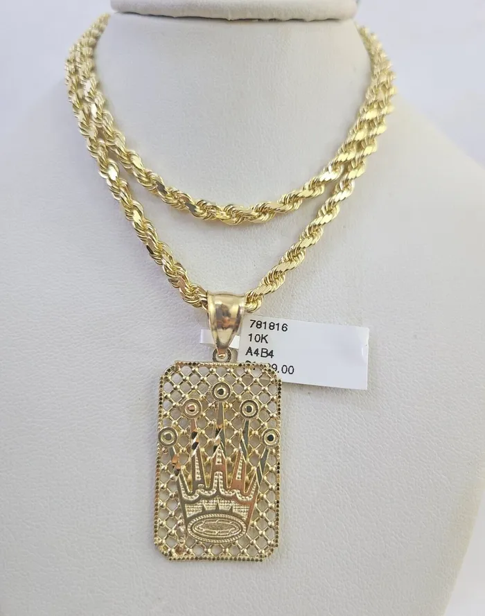 10k Solid Rope Chain Crown Charm Set 4mm 1830 Necklace Gold Pendant Gold and Diamond Necklaces 10k Solid Rope Chain Crown Charm Set 4mm 1830 Necklace Gold Pendant Gold and Diamond Necklaces