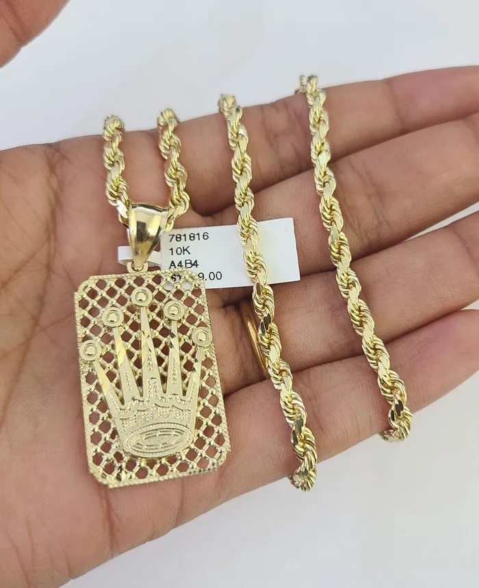 10k Solid Rope Chain Crown Charm Set 4mm 1830 Necklace Gold Pendant Gold and Diamond Necklaces