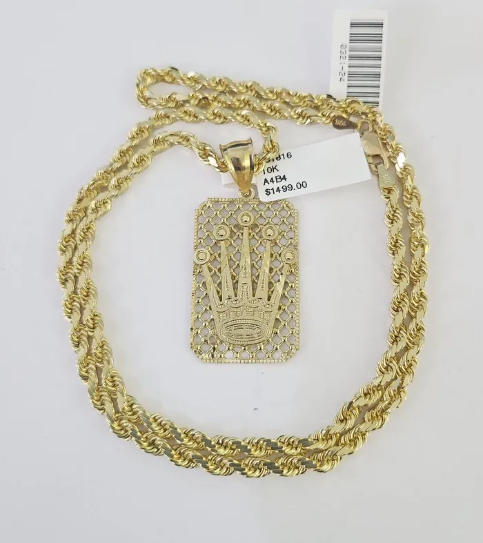 10k Solid Rope Chain Crown Charm Set 4mm 1830 Necklace Gold Pendant Gold and Diamond Necklaces