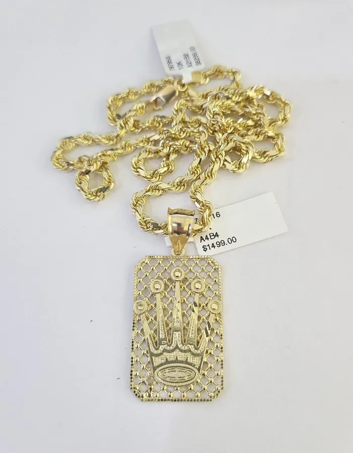 10k Solid Rope Chain Crown Charm Set 4mm 1830 Necklace Gold Pendant Gold and Diamond Necklaces