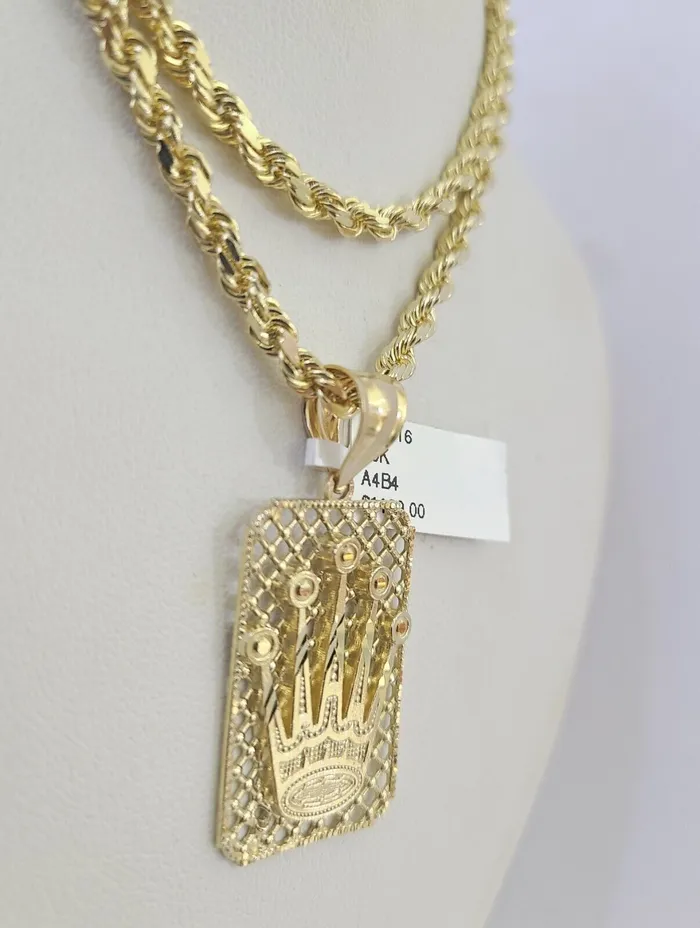 10k Solid Rope Chain Crown Charm Set 4mm 1830 Necklace Gold Pendant Gold and Diamond Necklaces