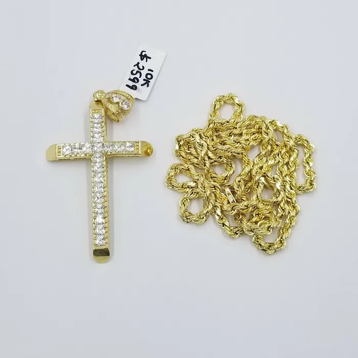 10k Yellow Gold Jesus Cross Pendant Rope Chain 22 24 26 4mm Men REAL GlobalWatches10 Necklaces