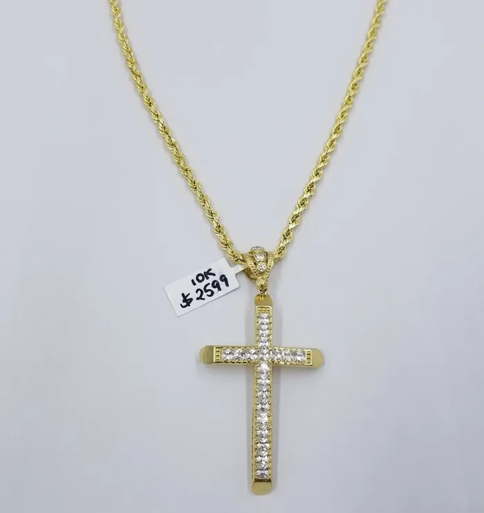 10k Yellow Gold Jesus Cross Pendant Rope Chain 22 24 26 4mm Men REAL GlobalWatches10 Necklaces