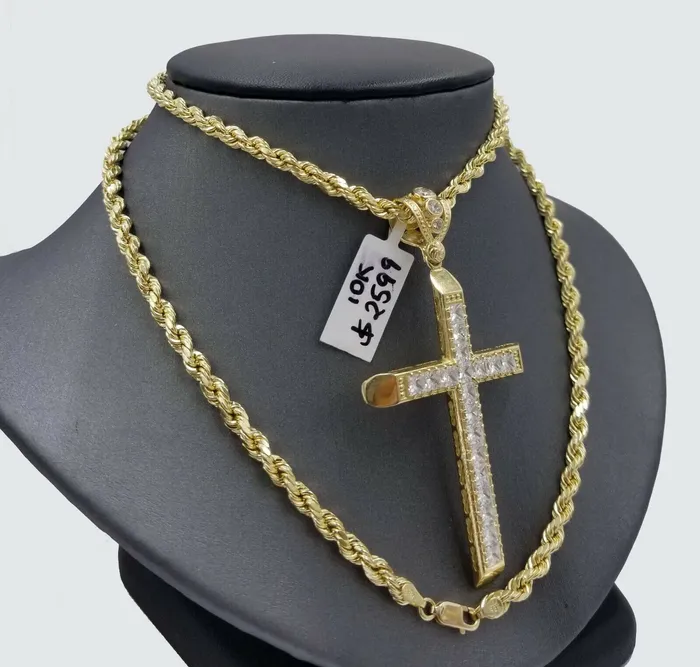 10k Yellow Gold Jesus Cross Pendant Rope Chain 22 24 26 4mm Men REAL GlobalWatches10 Necklaces