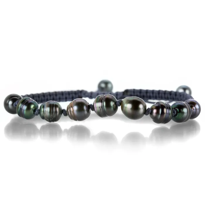 Bracelets Dark Gray Macrame Bracelet with 9 Tahitian Pearls Gellner