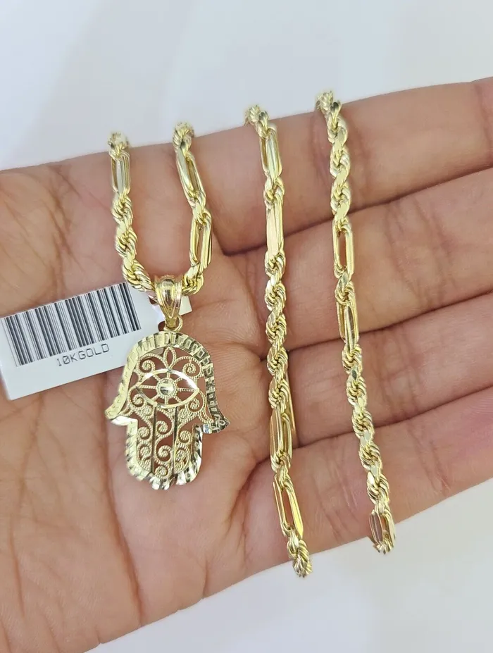 Globalwatches10 Necklaces 10k Milano Rope Chain Hamsa Hand Charm Necklace SET 3mm 18 20 22 24 Pendant