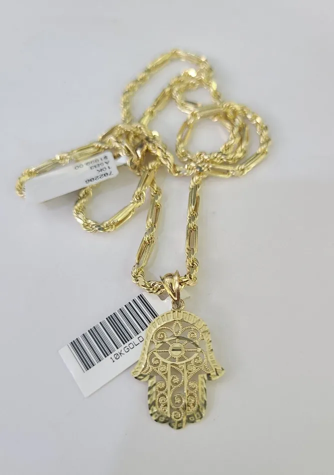 Globalwatches10 Necklaces 10k Milano Rope Chain Hamsa Hand Charm Necklace SET 3mm 18 20 22 24 Pendant