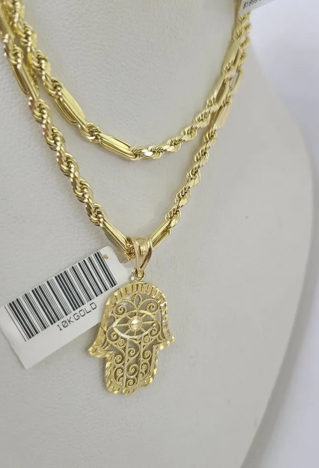 Globalwatches10 Necklaces 10k Milano Rope Chain Hamsa Hand Charm Necklace SET 3mm 18 20 22 24 Pendant