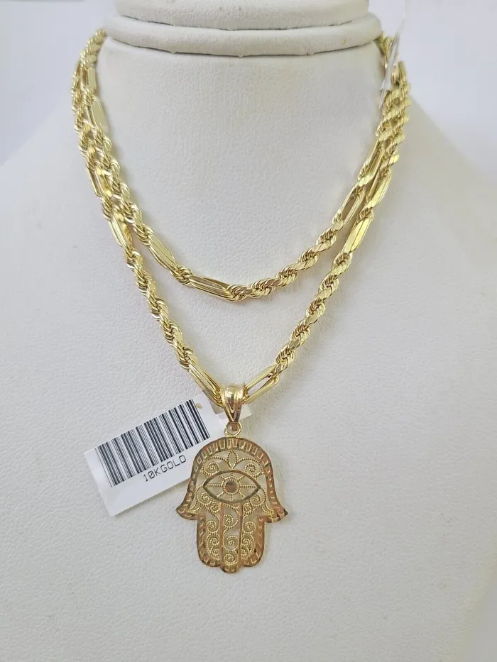 Globalwatches10 Necklaces 10k Milano Rope Chain Hamsa Hand Charm Necklace SET 3mm 18 20 22 24 Pendant
