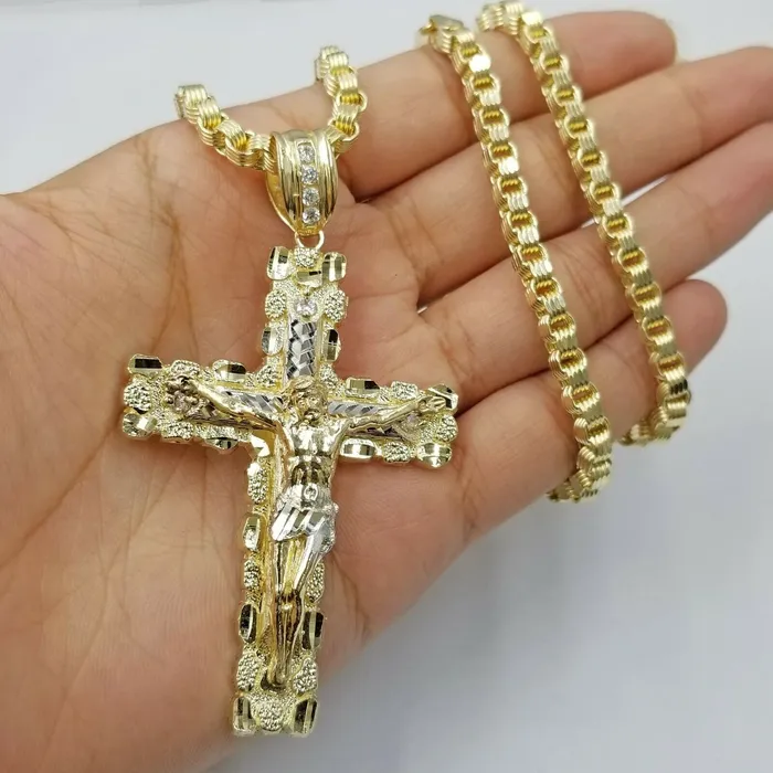 Globalwatches10 Necklaces Mens 10k Yellow Gold Cross Charm Diamond Cut Pendant Byzantine Chain in 24 Real