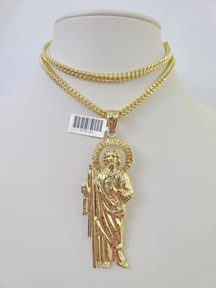 Gold and Diamond 10K Franco Chain Saint Jude Pendant Charm Necklace 2028 4mm Gold SET Yellow Necklaces Gold and Diamond 10K Franco Chain Saint Jude Pendant Charm Necklace 2028 4mm Gold SET Yellow Necklaces