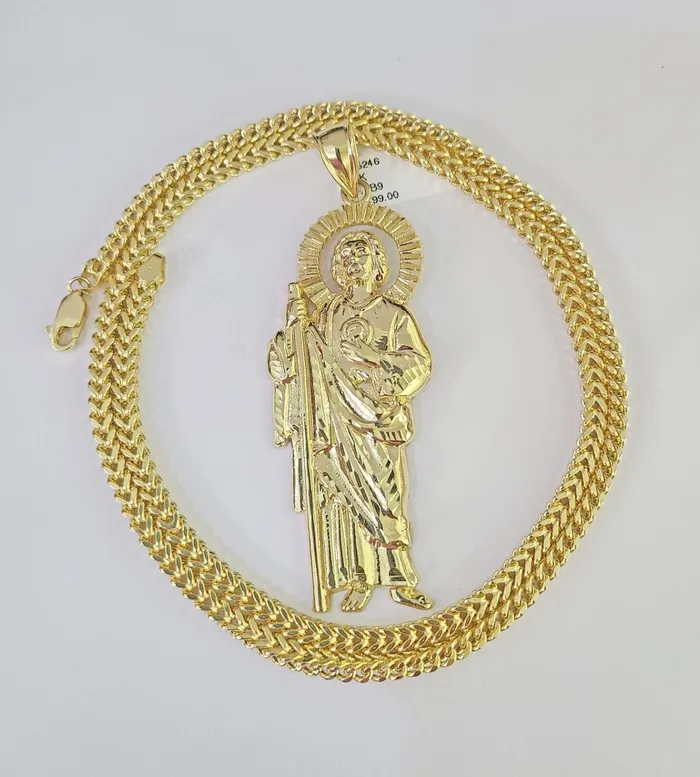 Gold and Diamond 10K Franco Chain Saint Jude Pendant Charm Necklace 2028 4mm Gold SET Yellow Necklaces