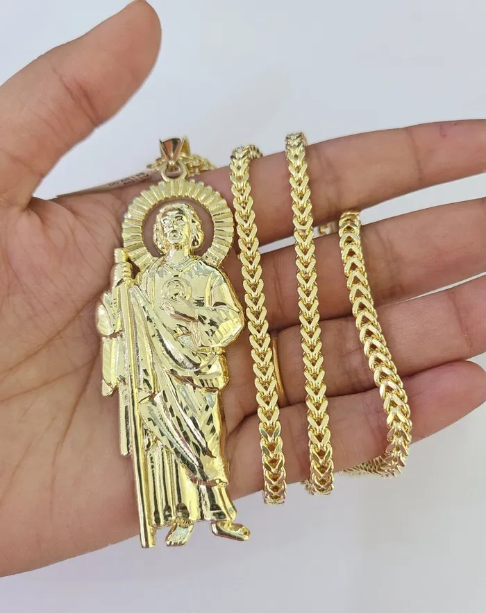 Gold and Diamond 10K Franco Chain Saint Jude Pendant Charm Necklace 2028 4mm Gold SET Yellow Necklaces