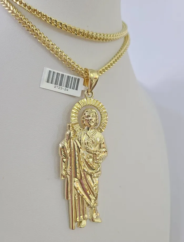 Gold and Diamond 10K Franco Chain Saint Jude Pendant Charm Necklace 2028 4mm Gold SET Yellow Necklaces