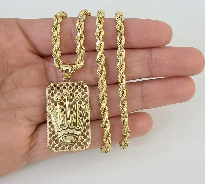 Gold and Diamond 10K Yellow Gold Crown Pendent 4mm Rope Chain 18 20 222426 Inch Necklaces Gold and Diamond 10K Yellow Gold Crown Pendent 4mm Rope Chain 18 20 222426 Inch Necklaces