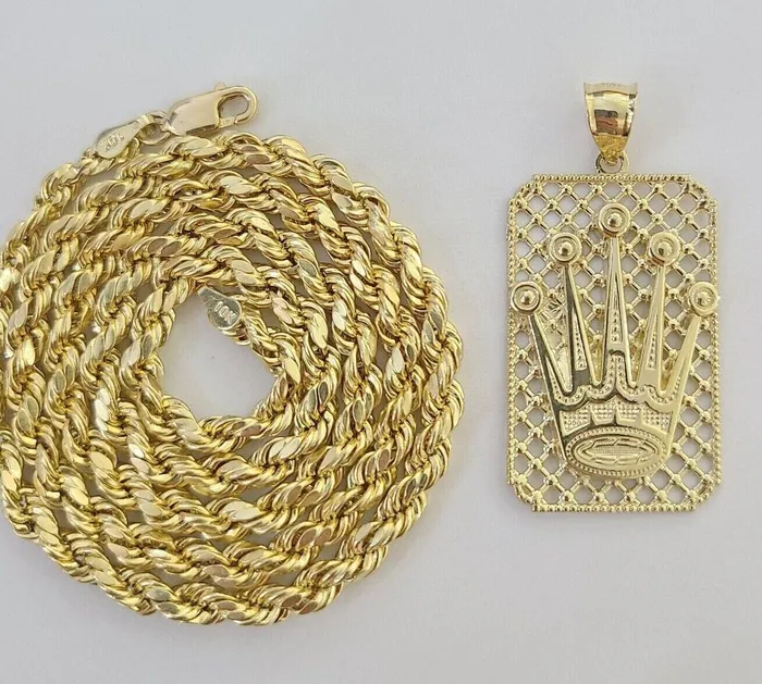 Gold and Diamond 10K Yellow Gold Crown Pendent 4mm Rope Chain 18 20 222426 Inch Necklaces