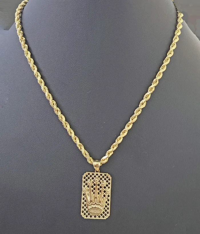 Gold and Diamond 10K Yellow Gold Crown Pendent 4mm Rope Chain 18 20 222426 Inch Necklaces