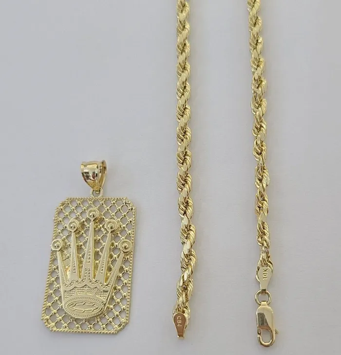Gold and Diamond 10K Yellow Gold Crown Pendent 4mm Rope Chain 18 20 222426 Inch Necklaces