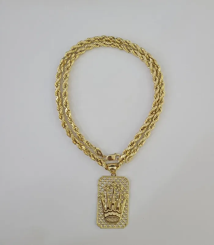 Gold and Diamond 10K Yellow Gold Crown Pendent 4mm Rope Chain 18 20 222426 Inch Necklaces