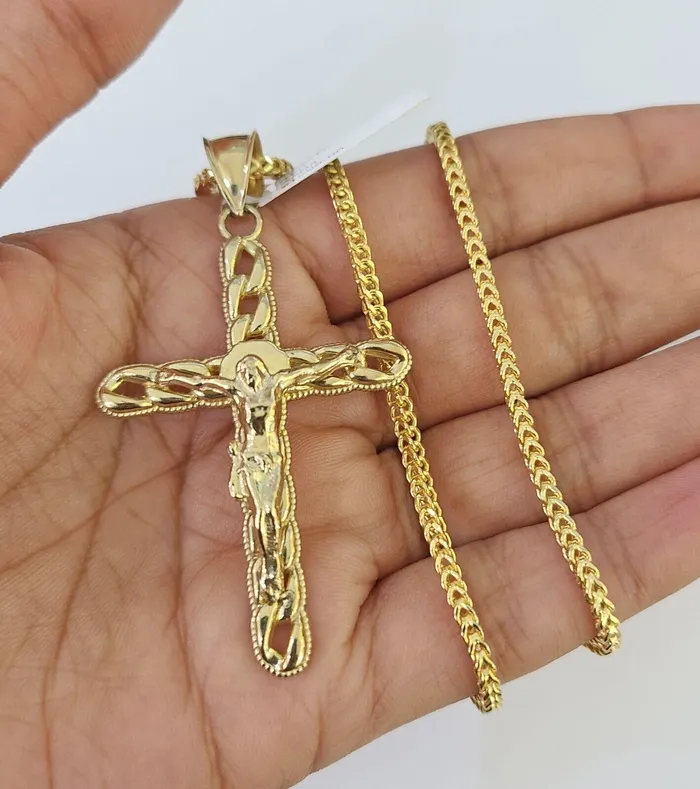 Gold and Diamond Necklaces 10K Gold Franco Chain Jesus Cross Charm Pendant 2026 inches 25mm REAL Yellow Gold and Diamond Necklaces 10K Gold Franco Chain Jesus Cross Charm Pendant 2026 inches 25mm REAL Yellow