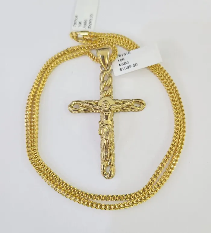 Gold and Diamond Necklaces 10K Gold Franco Chain Jesus Cross Charm Pendant 2026 inches 25mm REAL Yellow