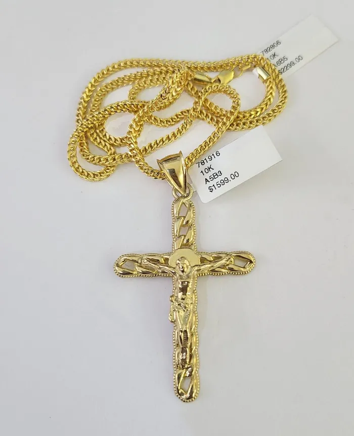 Gold and Diamond Necklaces 10K Gold Franco Chain Jesus Cross Charm Pendant 2026 inches 25mm REAL Yellow