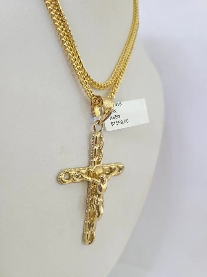 Gold and Diamond Necklaces 10K Gold Franco Chain Jesus Cross Charm Pendant 2026 inches 25mm REAL Yellow