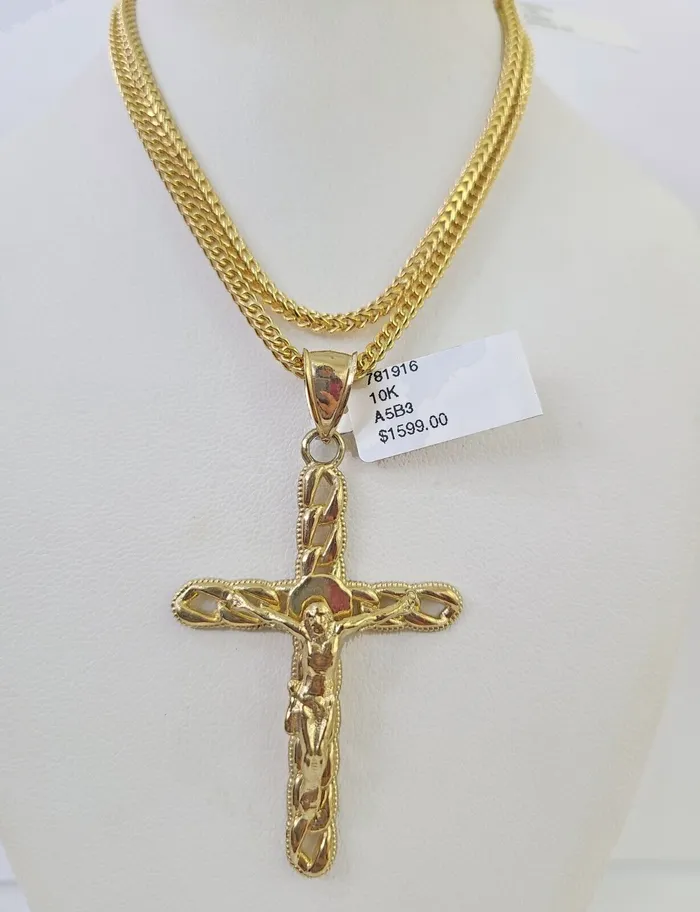 Gold and Diamond Necklaces 10K Gold Franco Chain Jesus Cross Charm Pendant 2026 inches 25mm REAL Yellow