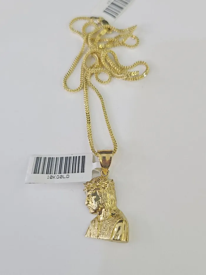 Gold and Diamond Necklaces 10K Gold Franco Chain Jesus Head Charm SET 1824 inches 1mm Necklace