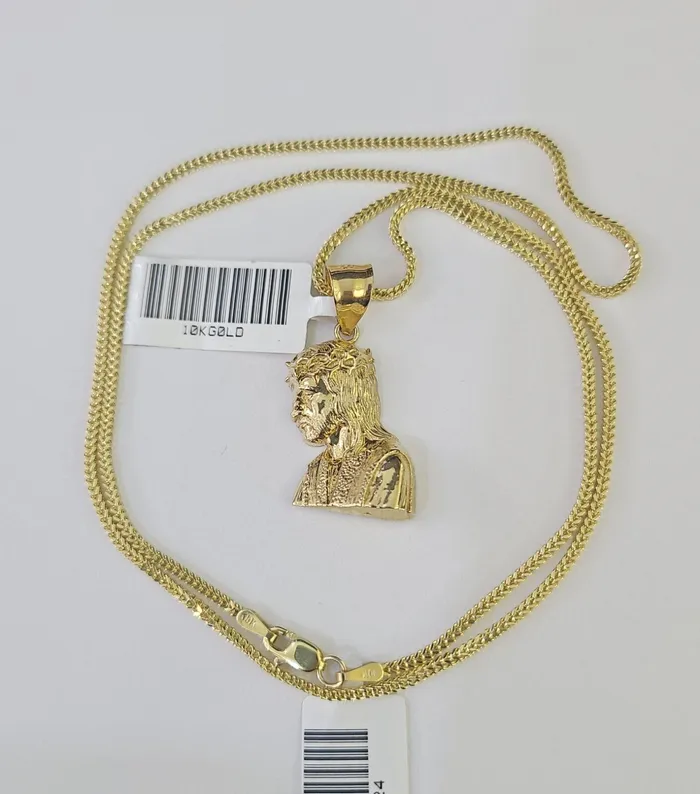 Gold and Diamond Necklaces 10K Gold Franco Chain Jesus Head Charm SET 1824 inches 1mm Necklace