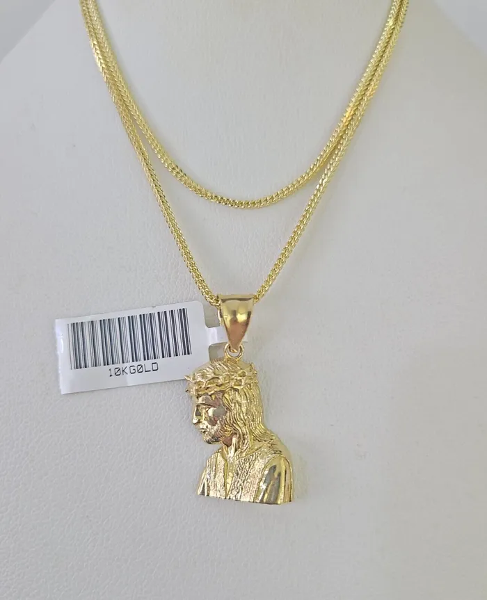 Gold and Diamond Necklaces 10K Gold Franco Chain Jesus Head Charm SET 1824 inches 1mm Necklace