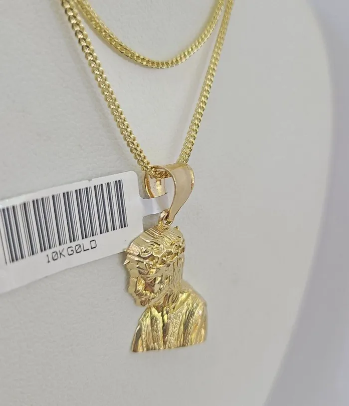Gold and Diamond Necklaces 10K Gold Franco Chain Jesus Head Charm SET 1824 inches 1mm Necklace