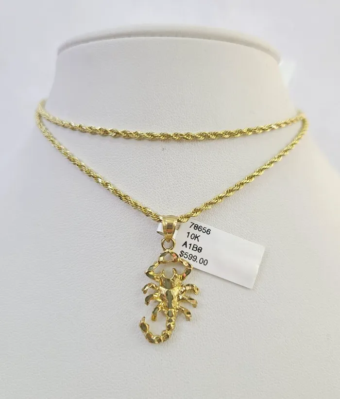 Gold and Diamond Necklaces 10k Solid Rope Chain 2mm Necklace Scorpion Pendant Charm SET 1824 in Gold and Diamond Necklaces 10k Solid Rope Chain 2mm Necklace Scorpion Pendant Charm SET 1824 in