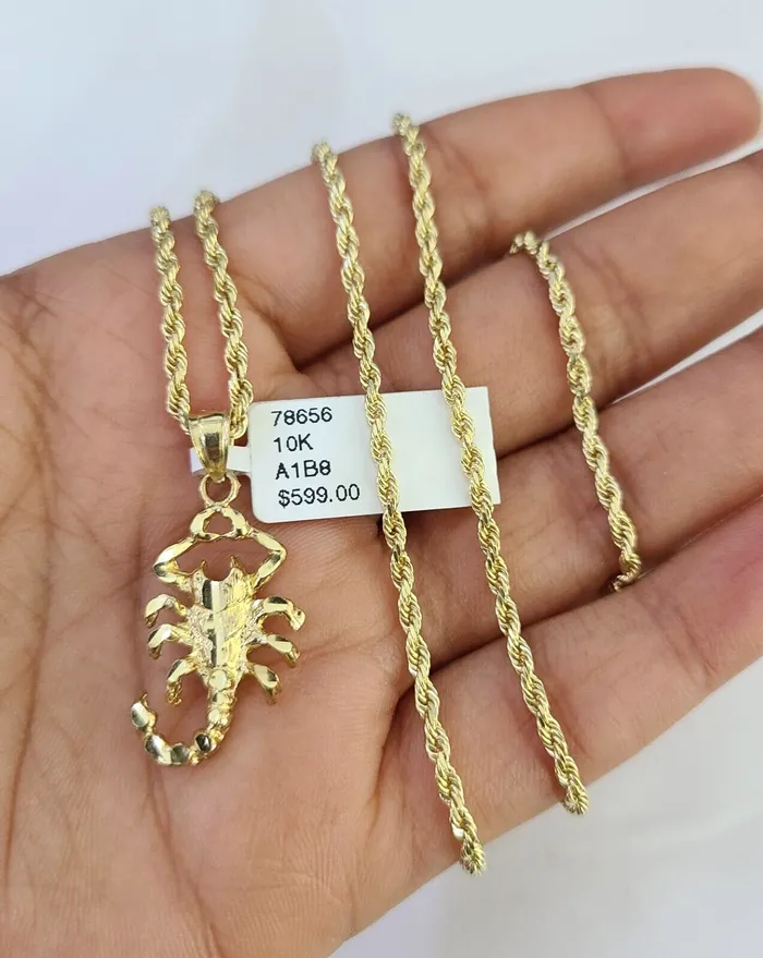 Gold and Diamond Necklaces 10k Solid Rope Chain 2mm Necklace Scorpion Pendant Charm SET 1824 in