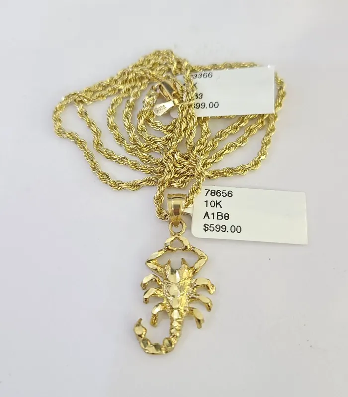 Gold and Diamond Necklaces 10k Solid Rope Chain 2mm Necklace Scorpion Pendant Charm SET 1824 in