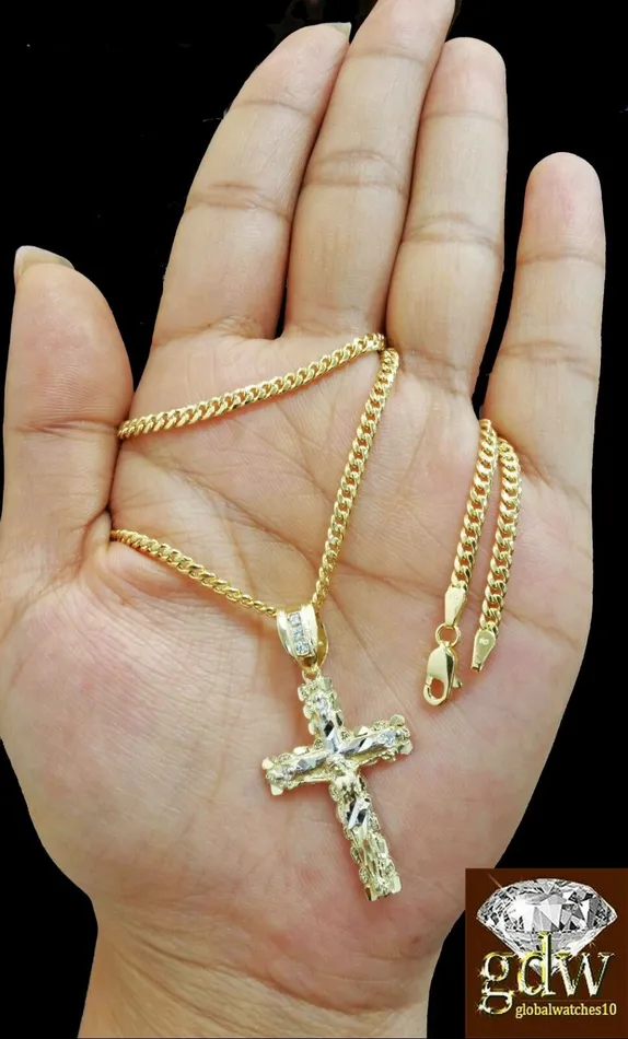 Gold and Diamond Real 10k Yellow Gold Cross Jesus Charm Pendant Miami Cuban 24 Necklace Necklaces Gold and Diamond Real 10k Yellow Gold Cross Jesus Charm Pendant Miami Cuban 24 Necklace Necklaces