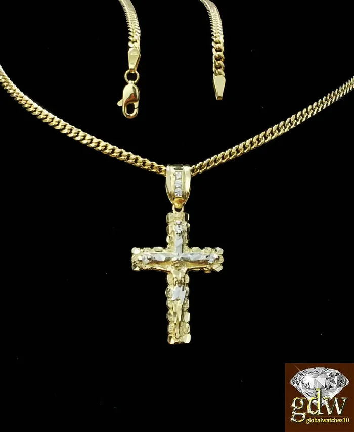 Gold and Diamond Real 10k Yellow Gold Cross Jesus Charm Pendant Miami Cuban 24 Necklace Necklaces