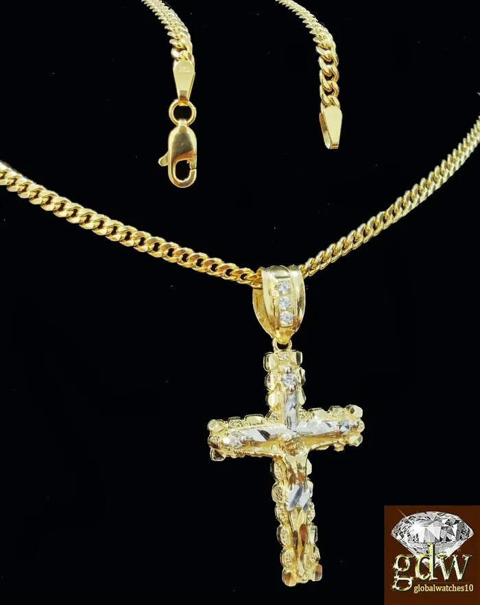 Gold and Diamond Real 10k Yellow Gold Cross Jesus Charm Pendant Miami Cuban 24 Necklace Necklaces